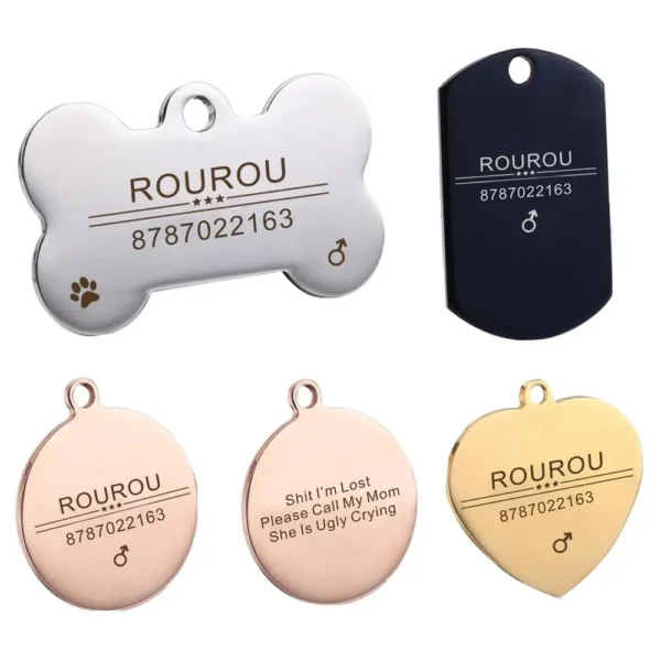 (3pcs) Free Engraving Pet ID Tag Stainless Steel Dog Cat Name Tags Collar Accessories Pendant Customized,Silver Gold Rose gold Black