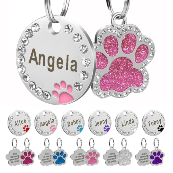 (2pcs) Personalized Dog Cat ID Tag Bling Rhinestone Puppy Kitten Name Tags Anti-lost Pet Collar Accessories Free Engraved Pet Products